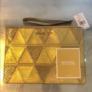 Michael Kors Adele Gold Leather XL Zip Clutch NWT